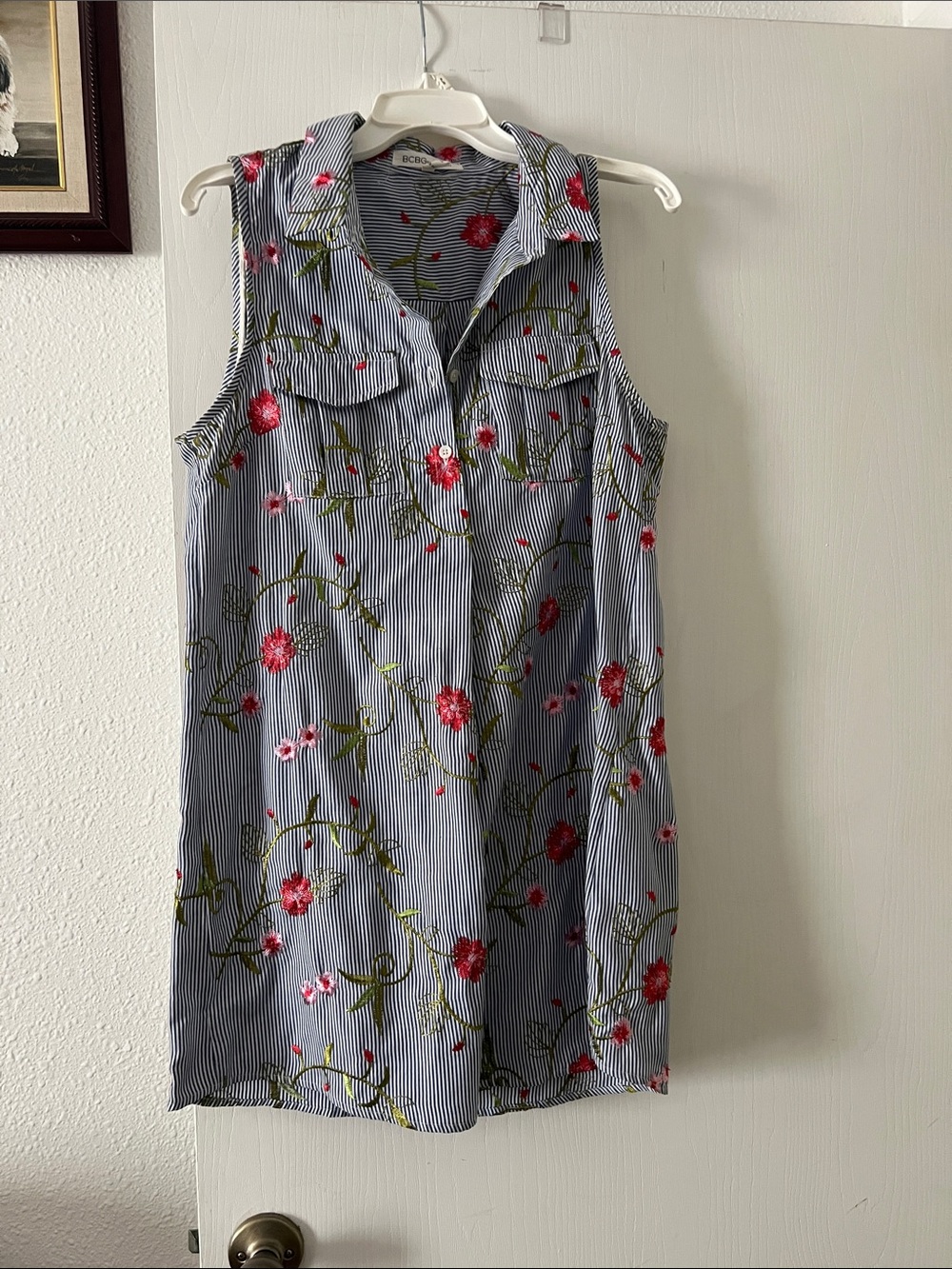 BCBGeneration Blue White Striped Sleeveless Floral Shift Dress with Red Flowers